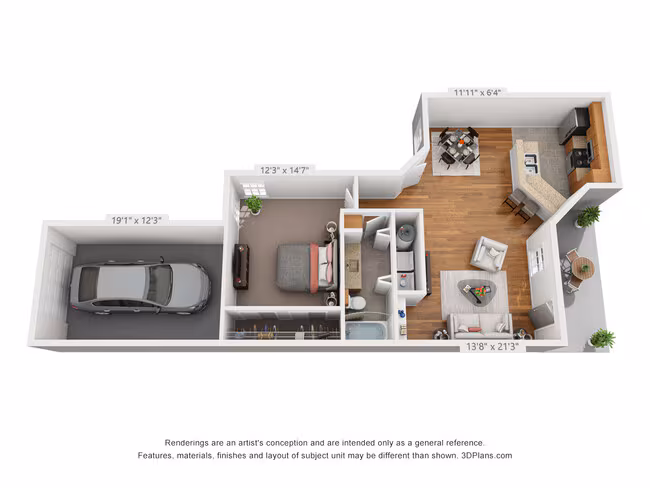 1 Bedroom W/ 1 Car Garage 187 floor plan